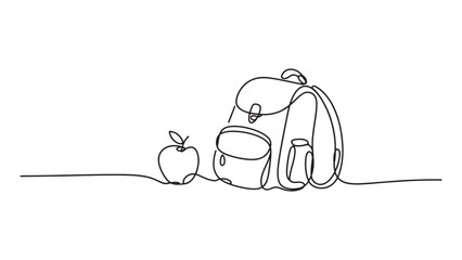 Backpack and Apple One Line Drawing on Transparent Background for School and Education