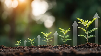 Seedling's Ascent: A row of thriving seedlings flourish in rich soil, with ascending arrow graphic symbolizing growth, a symbol of life, progress, and renewal