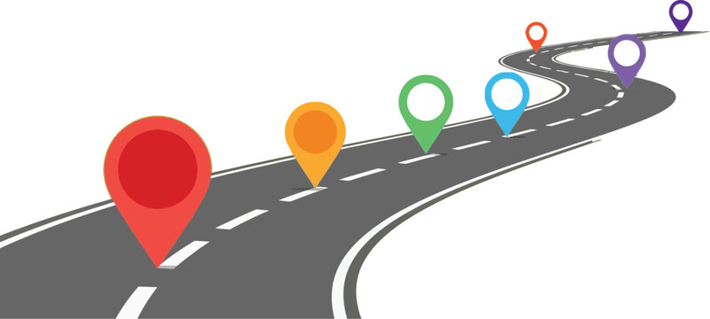 Colorful road trip map with location pins for gps navigation and travel planning destination route