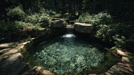 Fototapeta premium Secluded pool oasis surrounded by lush forest vegetation and rocky terrain