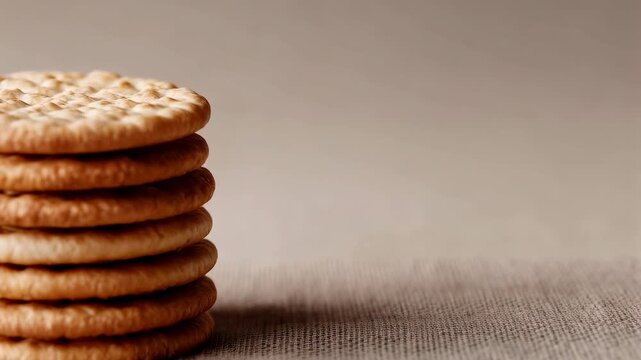 A stack of golden-brown crackers arranged neatly on a textured surface. The background is soft and neutral, enhancing the focus on the crackers.
