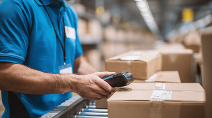 Worker scanning packages in a distribution warehouse, ensuring efficient tracking and delivery of parcels on a conveyor belt. Distribution process.
