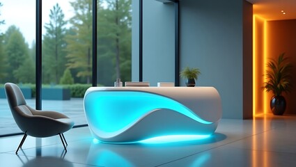 Modern reception desk with vibrant blue illumination and contemporary chair in a stylish lobby