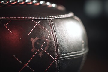 Close-up of a dark leather sphere with stitched diamond pattern and metallic accents