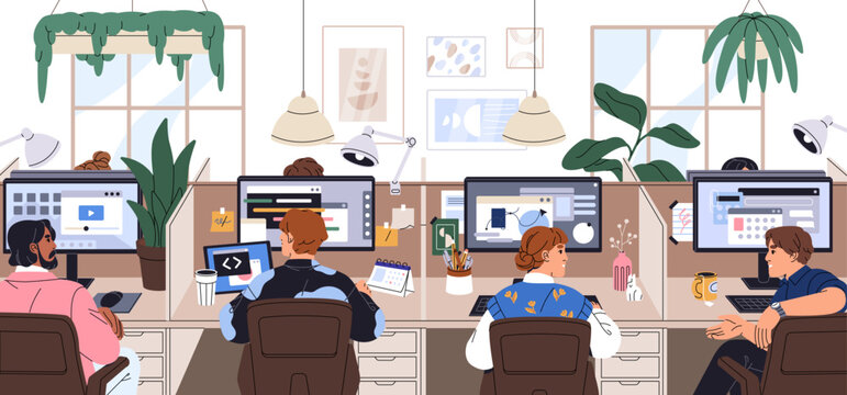 Employees are sitting at the desks in open space office. Business workers are in openscape. Colleagues work in workplaces in modern workspace with computers and houseplants. Flat vector illustration