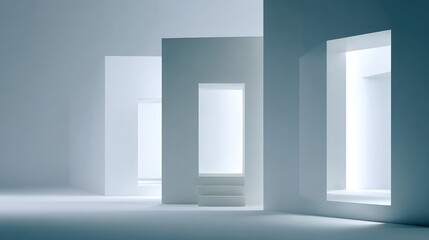 Minimalist white office with abstract geometric shapes and soft lighting, embodying modern simplicity and creative elegance