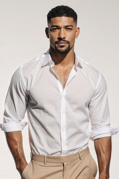Confident and Professional: A striking male individual, radiating confidence and professionalism, poses in a crisp white shirt with sleeves neatly rolled up, against a softly lit backdrop.