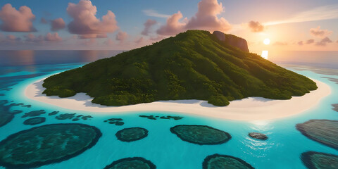 Tropical Island with Coral Reefs and Turquoise Water at Sunrise

