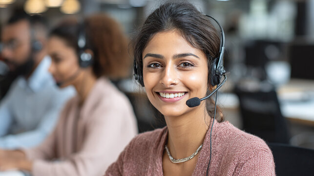 Smiling call center agent assisting customers. A diverse team provides excellent customer service. Ready to help, ensuring customer satisfaction.