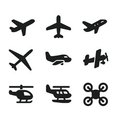 Aircraft Icons Grid. Solid, filled icon set of aircraft types: commercial jet, propeller plane, private jet, glider, cargo plane,