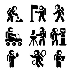 Astronaut Icon Set. Solid, filled icon set of astronaut activities: sample collection, flag planting, walking on surface,