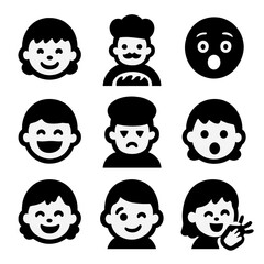 Baking Emotion Icons. Solid, filled icon set of baking emotions and expressions: happy child, proud baker, excited smile,