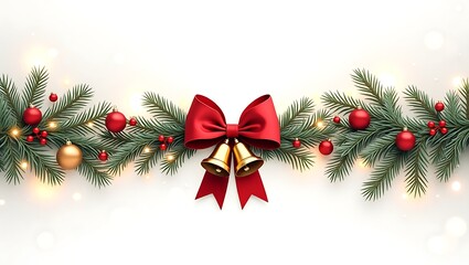 Festive christmas garland with red bow and golden bells on white background