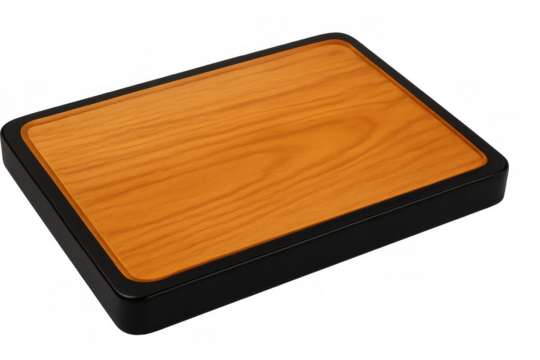 Rustic wooden board featuring sleek black frame, providing elegant staging for food or product photography