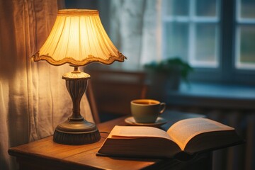 Table lamp beside book near window