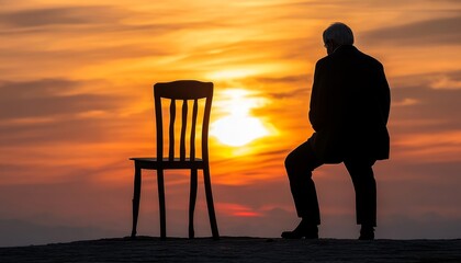 Contemplative elderly man gazing at an empty chair during a golden sunrise, reflecting on life.