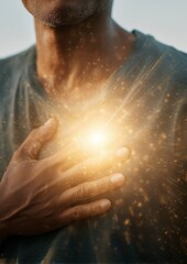 Heart energy healing light spiritual awakening aura glow, inner power hands on chest golden sparkles divine energy flow metaphysical concept
