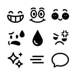 Cartoon Face Icons. Solid, filled icon set of funny faces cartoon styles: exaggerated smile, comic eyes, big blush, sweat drop,