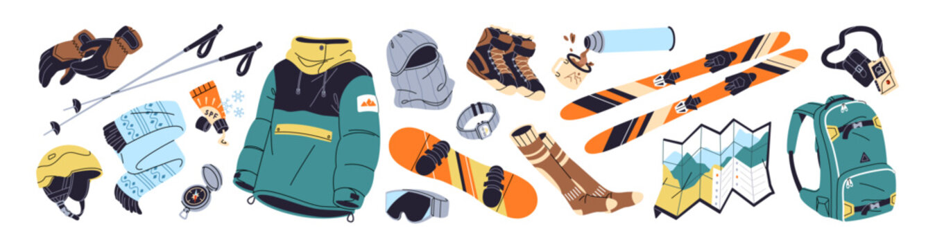 Set of ski and snowboarding equipment. Tools for snow mountain climbing, mountaineering, alpinism. Gears, accessories for extreme winter sport. Flat isolated vector illustrations on white background