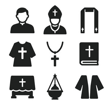 Clergy Icon Set. Solid, filled icon set of clergy in ceremonial robes: priest in robe, bishop mitre, stole scarf, chasuble garment