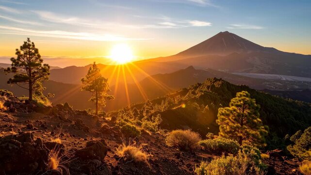 Majestic Timelapse of a Fiery Sunrise Illuminating the Volcanic Landscape of Mount Teide, Spain