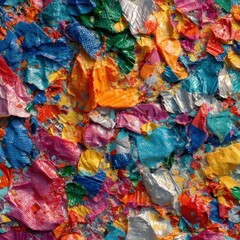 Close-up of crumbled colorful plastic pieces, a textured and vibrant abstract mosaic