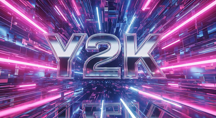 Metallic Y2K text centered in a vibrant, futuristic tunnel with glowing pink and blue neon light trails.