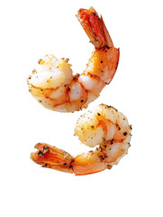 Appetizing Prawn Duo: A close-up studio shot of succulent, perfectly cooked prawns. These delectable prawns, seasoned with herbs and spices, are isolated against a plain background.