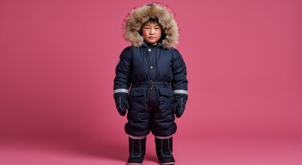 Adorable young boy bundled up warmly in a stylish winter snowsuit ready for outdoor adventures