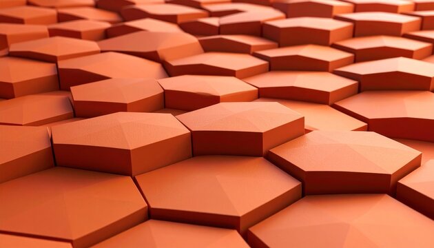 Close-up view of interlocking hexagonal tiles in vibrant orange, showcasing geometric patterns and textures