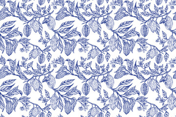 Seamless cocoa themed pattern featuring hand drawn cacao pods and leaves in vintage engraving style. Toile de Jouy. Elegant blue white design, ideal for cafe, bakery, chocolate packaging, and branding