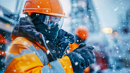 A dedicated worker in an orange hardhat and safety goggle braving a severe snowstorm, showcasing winter resilience and essential outdoor labor during cold weather.