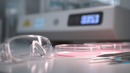 Transparent lab goggles with incubator holding petri dishes of stem cell cultures