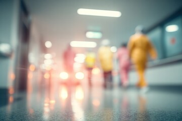 Fototapeta premium Blurred Background of Medical Professionals Walking in Hospital Corridor for Healthcare Website Background or Corporate Presentation