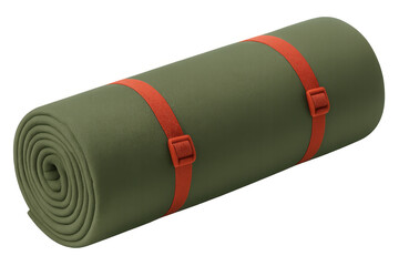 Compact closed-cell foam sleeping pad rolling tightly, secured with vibrant orange straps, prepared for outdoor expeditions