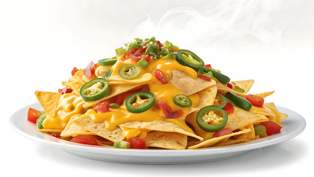 A plate of delicious nachos with melted cheese jalapeños tomatoes and guacamole on a white background