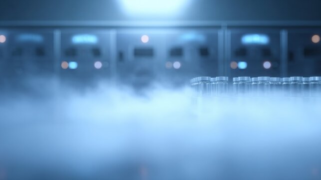 Cooling mist with cryogenic storage units holding labeled stem cell vials