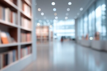 Blurred Background of Modern Library Interior with Light and Bookshelves for Creative Website Banner or Professional Presentation Use