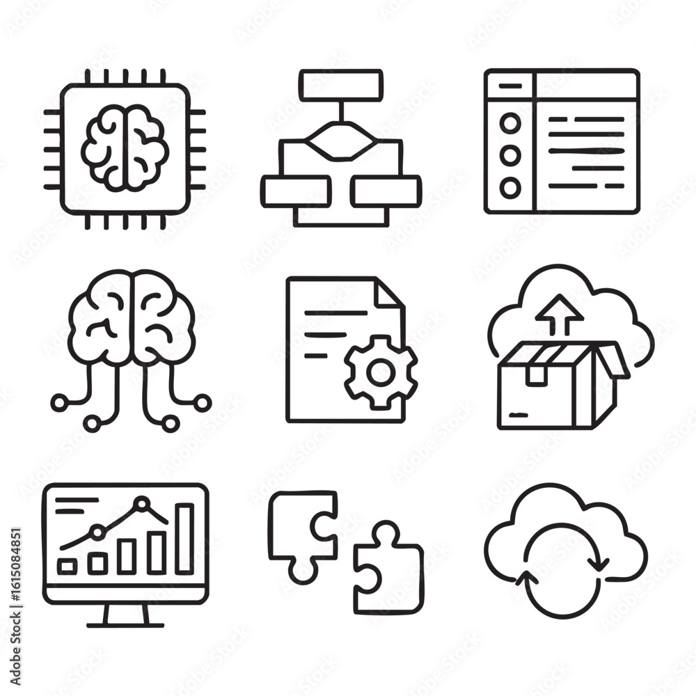 Wall mural a clean and modern icon set tailored for industry-specific tech themes. includes 9 monochrome line i