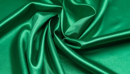 Rich emerald green satin fabric, luxuriously draped and folded, showcasing its smooth texture and subtle sheen