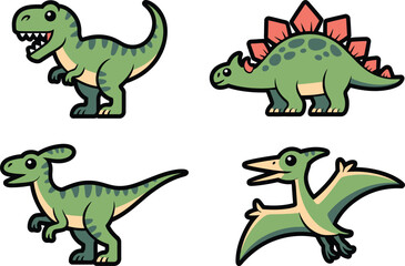 Obraz premium Four stylized cartoon dinosaurs T-Rex Stegosaurus