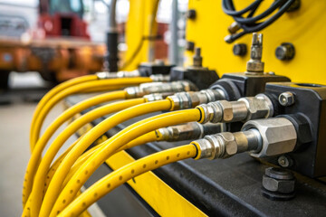 Hydraulic connectors and yellow hoses on heavy machinery in industrial setting during daytime