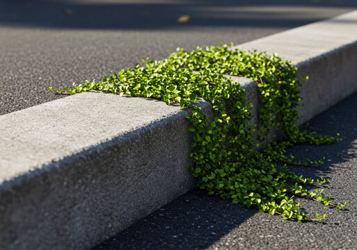 Vibrant green plant cascading over a concrete curb on a sunny day illuminating urban nature