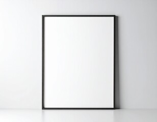 Minimalist empty black picture frame stands upright, leaning gently against a plain white room wall, casting a soft shadow on the bright reflective floor.