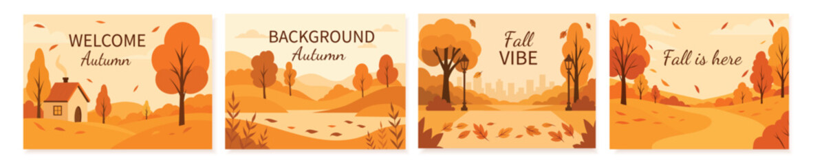 Naklejka premium Set of vector autumn backgrounds with trees, leaves and landscapes. With text Hello Autumn, Autumn vibe and more. Perfect for cards, backgrounds and seasonal design