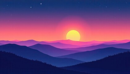Obraz premium Minimalist gradient hills, twilight panorama Colorful vector landscape illustration , scenery, horizon