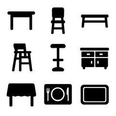 Fototapeta premium Dining Furniture Icons. Solid, filled icon set of energy management: power plant, battery storage, smart meter, energy audit,
