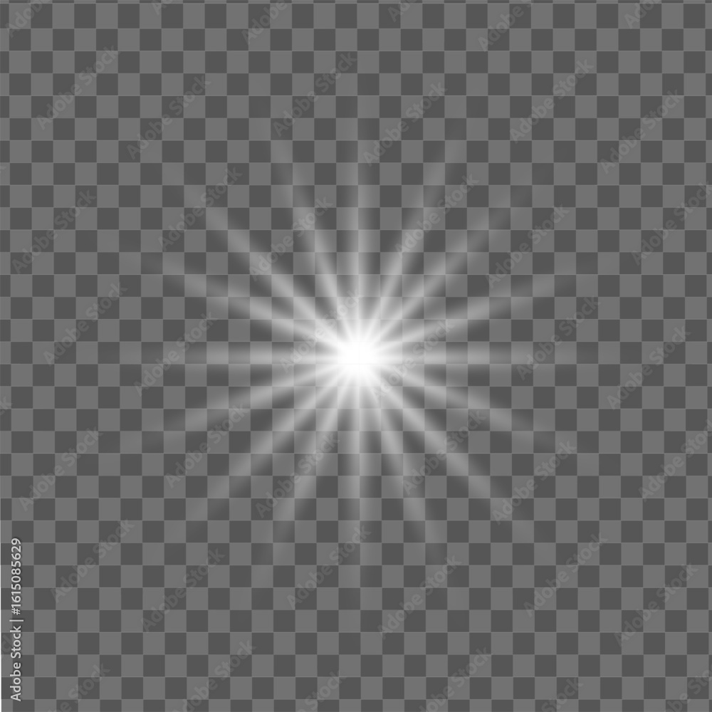 Poster sunburst effect, bright glowing radial star flare with sharp light beams on transparent background i