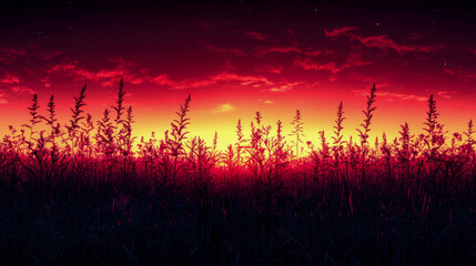 Intense red and orange sunset paints the sky above a dark field of wild plants, capturing a tranquil natural phenomenon