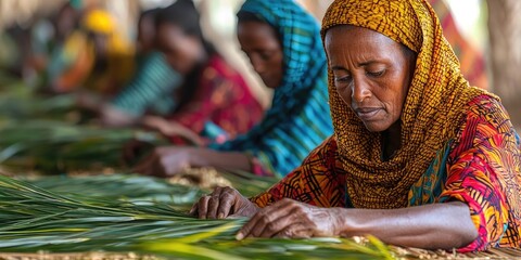 Woman in vibrant orange patterned outfit weaves palm fronds into baskets while sitting in line with others in similar attire. Generative by AI.
